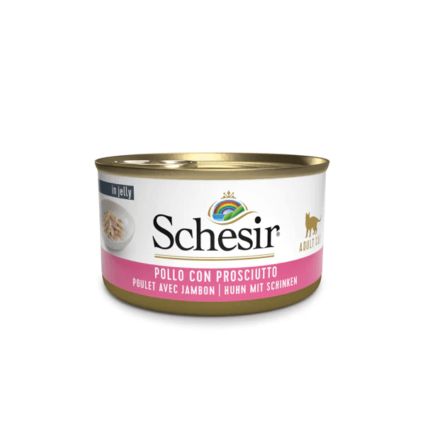 Schesir Filetti di pollo con prosciutto in gelatina 85g in lattina umido per gatto adulto - Emalles