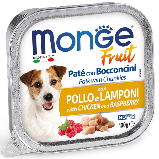 Monge Fruit Patè con Bocconcini pollo e lamponi umido cani 100g-Monge-Emalles