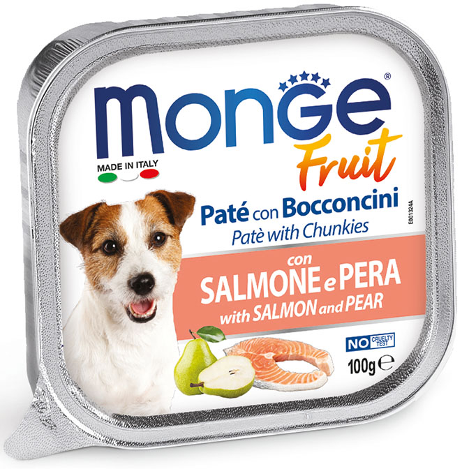 Monge Fresh Fruit Patè con Bocconcini salmone e pera umido cani 100g-Monge-Emalles
