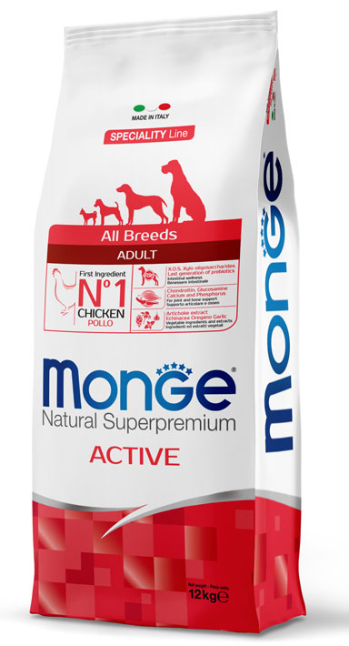 Monge Natural All Breeds Adult Active con Pollo secco cani 12kg-Monge-Emalles