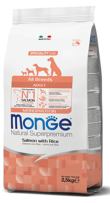 Monge Natural Superpremium All Breeds Adult Monoprotein Salmone Riso crocchette per cani 12kg - Emalles