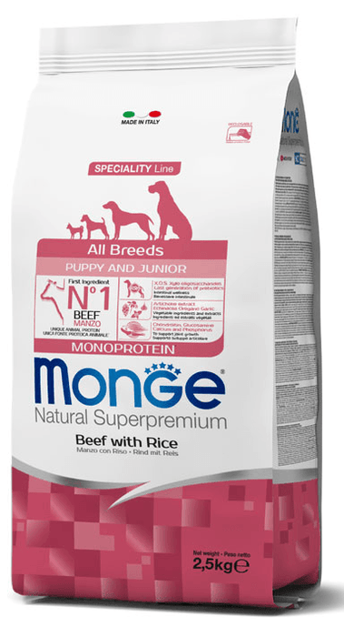 Monge Natural Superpremium All Breeds Puppy & Junior Manzo Riso crocchette per cani 2,5kg - Emalles