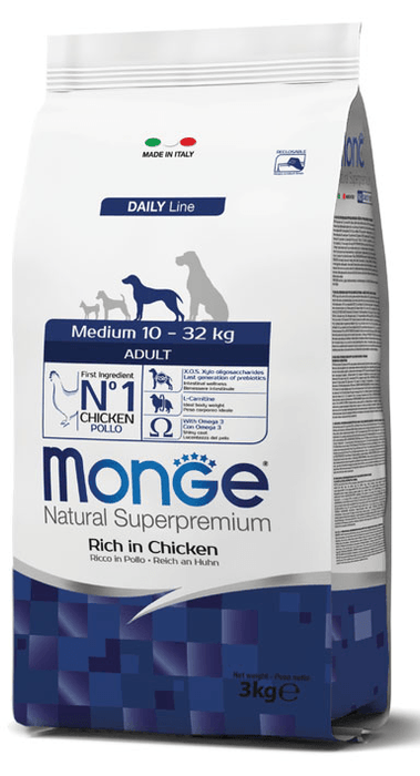 Monge Natural Superpremium Daily Line Medium Adult Ricco in Pollo crocchette per cani 12kg - Emalles