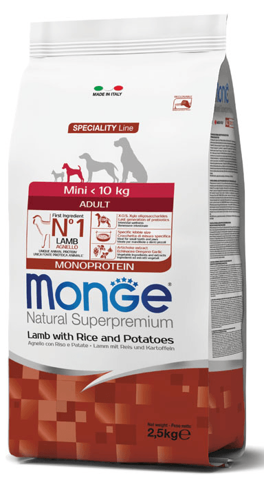 Monge Natural Superpremium Mini Adult Monoprotein Agnello Riso Patate crocchette per cani 2,5kg - Emalles