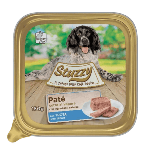 Stuzzy Paté classico con trota cotto al vapore umido per cani 150g - Emalles
