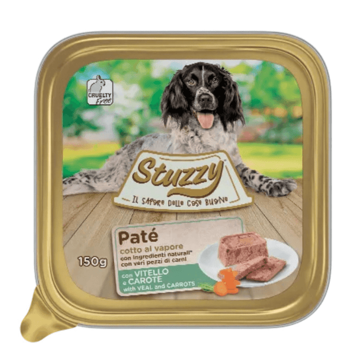 Stuzzy Paté classico con vitello e carote cotto al vapore umido per cani 150g - Emalles